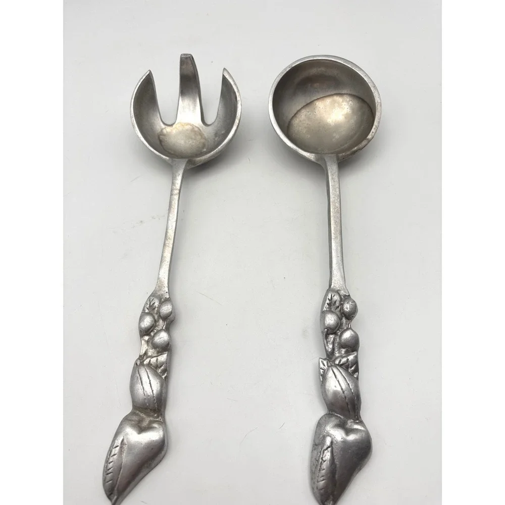 Vintage Fruit Motif Salad Serving Set Sculpted Silver Tone Metal Spoon and Fork